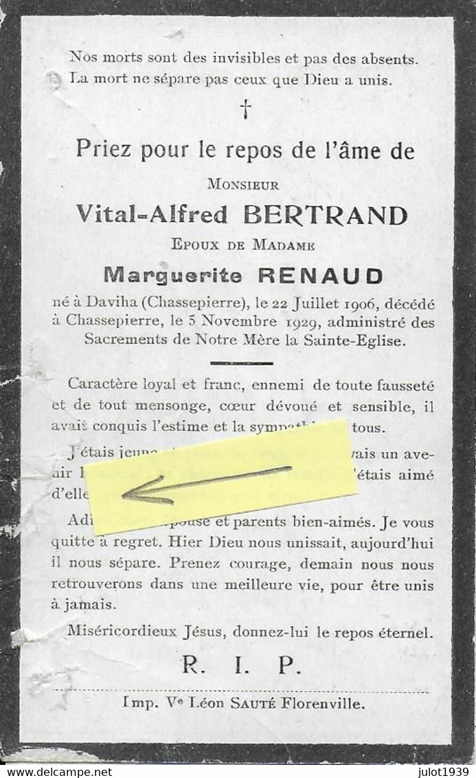 GC . DAVIHA ..-- AZY ..-- Mr Vital BERTRAND , époux De Mme Marguerite RENAUD , Né En 1906 , Décédé En 1929 à CHASSEPIERR - Florenville