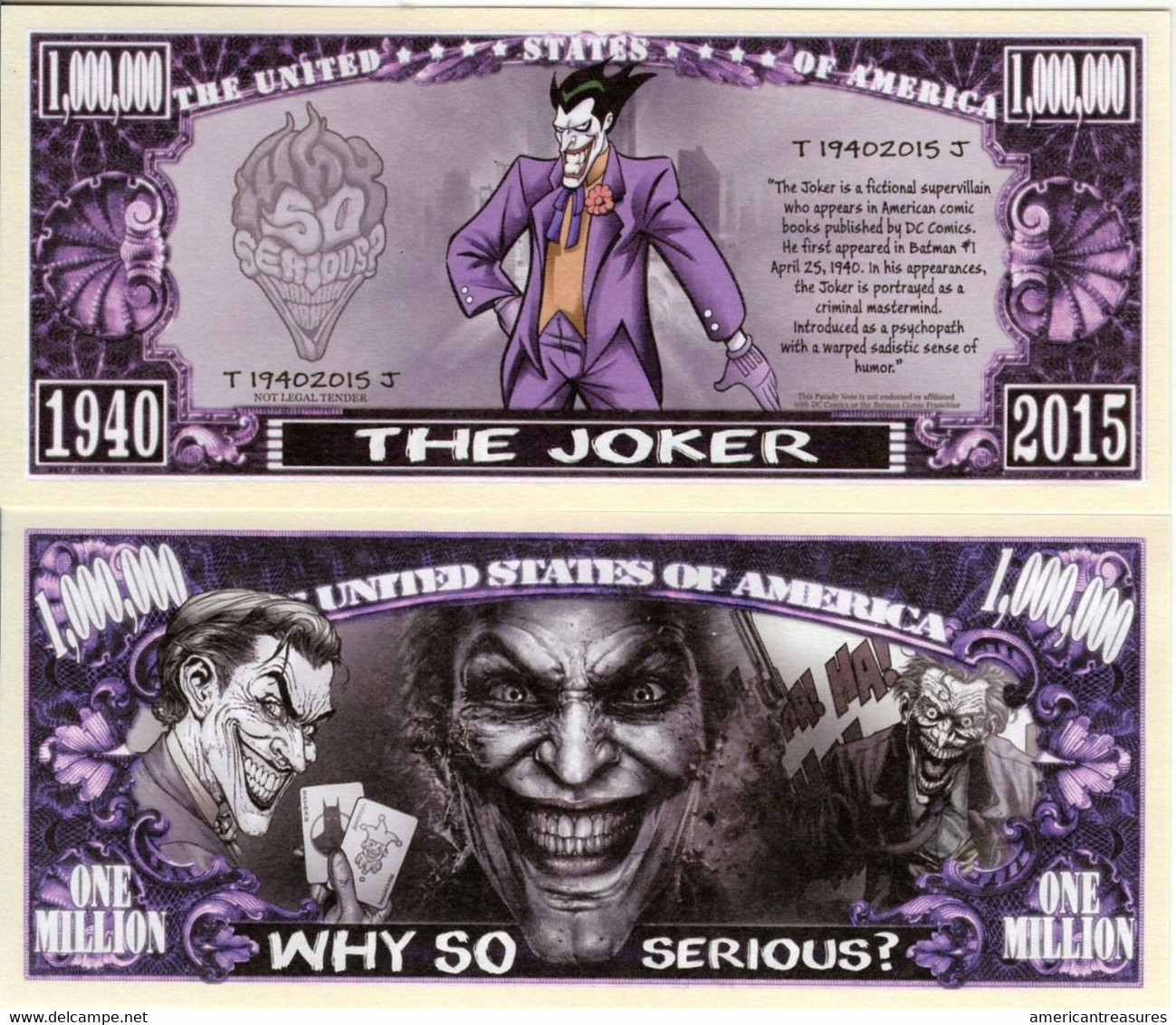 USA 1 Million Dollar Novelty Banknote 'The Joker' (DC Comics - Warner Bros) UNC & CRISP - Sonstige – Amerika