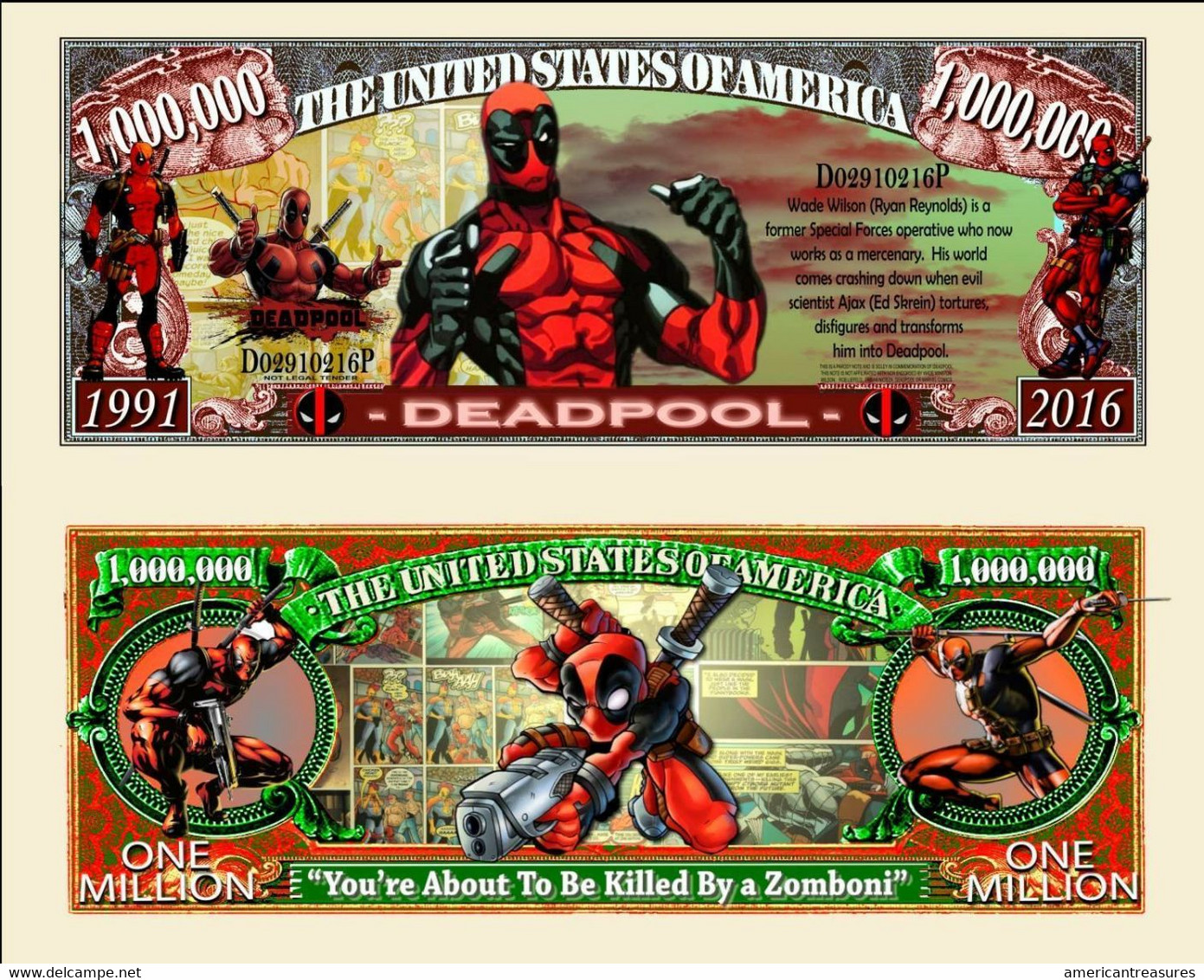 USA 1 Million Dollar Novelty Banknote 'Deadpool' (Marvel Comics) - NEW - UNC & CRISP - Sonstige – Amerika