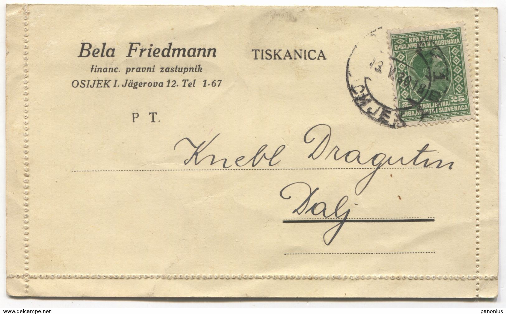 BELA FRIEDMANN OSIJEK, JEWISH MEMORANDUM STATIONERY, Year 1930. - Kroatien