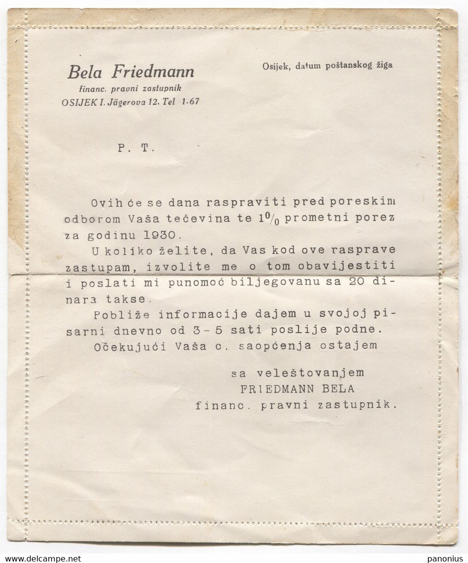 BELA FRIEDMANN OSIJEK, JEWISH MEMORANDUM STATIONERY, Year 1930. - Kroatien