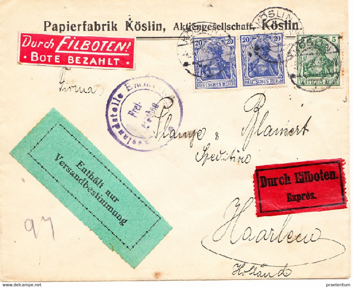 GERMANY Brief Köslin (Koszalin, Polen) 8. April 1916 - Durch Eilboten Bote Bezahlt Rotes Etikett Nach Niederlande - Covers & Documents