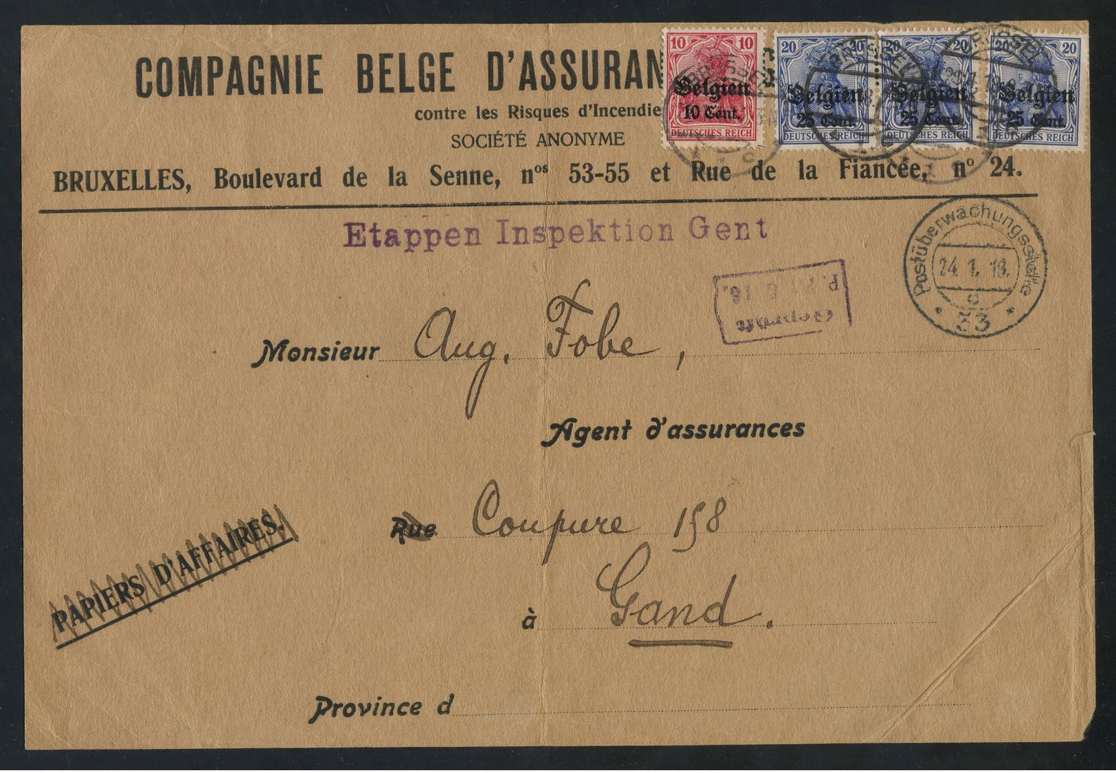 German Occ. In Belgium 1918 Front Of A "TURNED COVER" (re-used) Franked On Both Sides, Incl. The 1fr25c Value (COB OC36) - OC26/37 Staging Zone