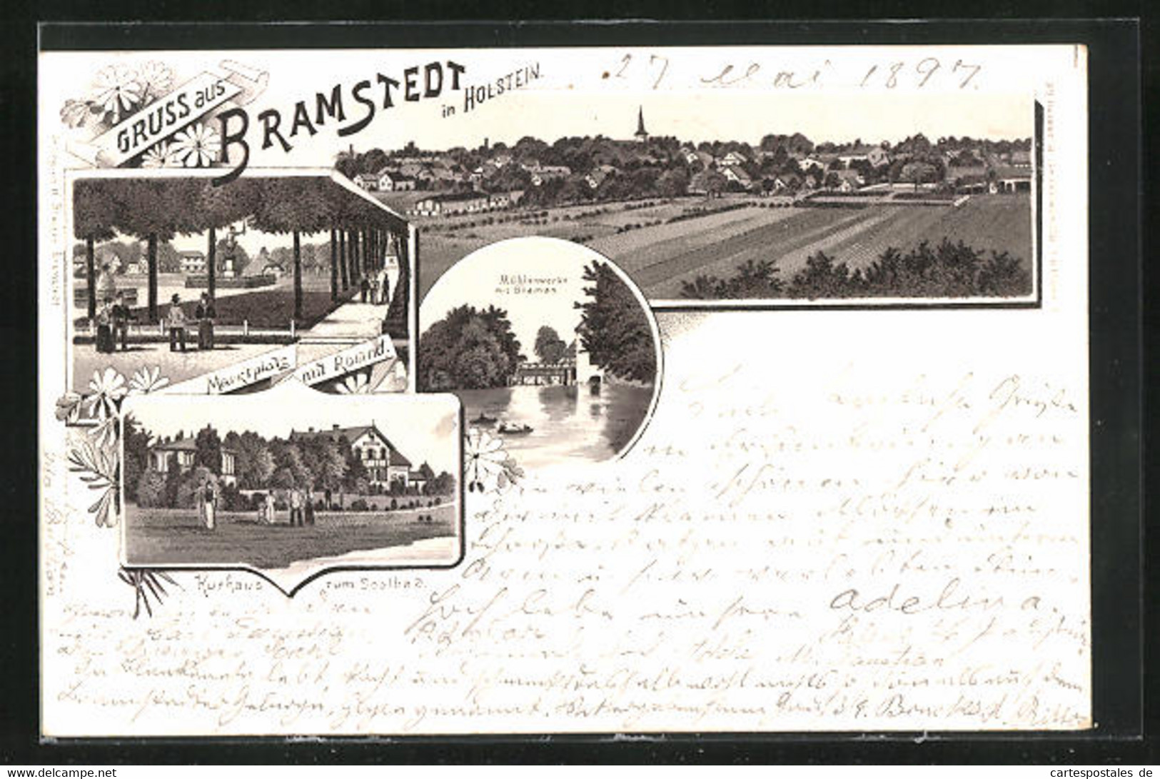 Lithographie Bramstedt In Holstein, Kurhaus Zum Soolbad, Mühlenwerke, Marktplatz Mit Roland - Bad Bramstedt