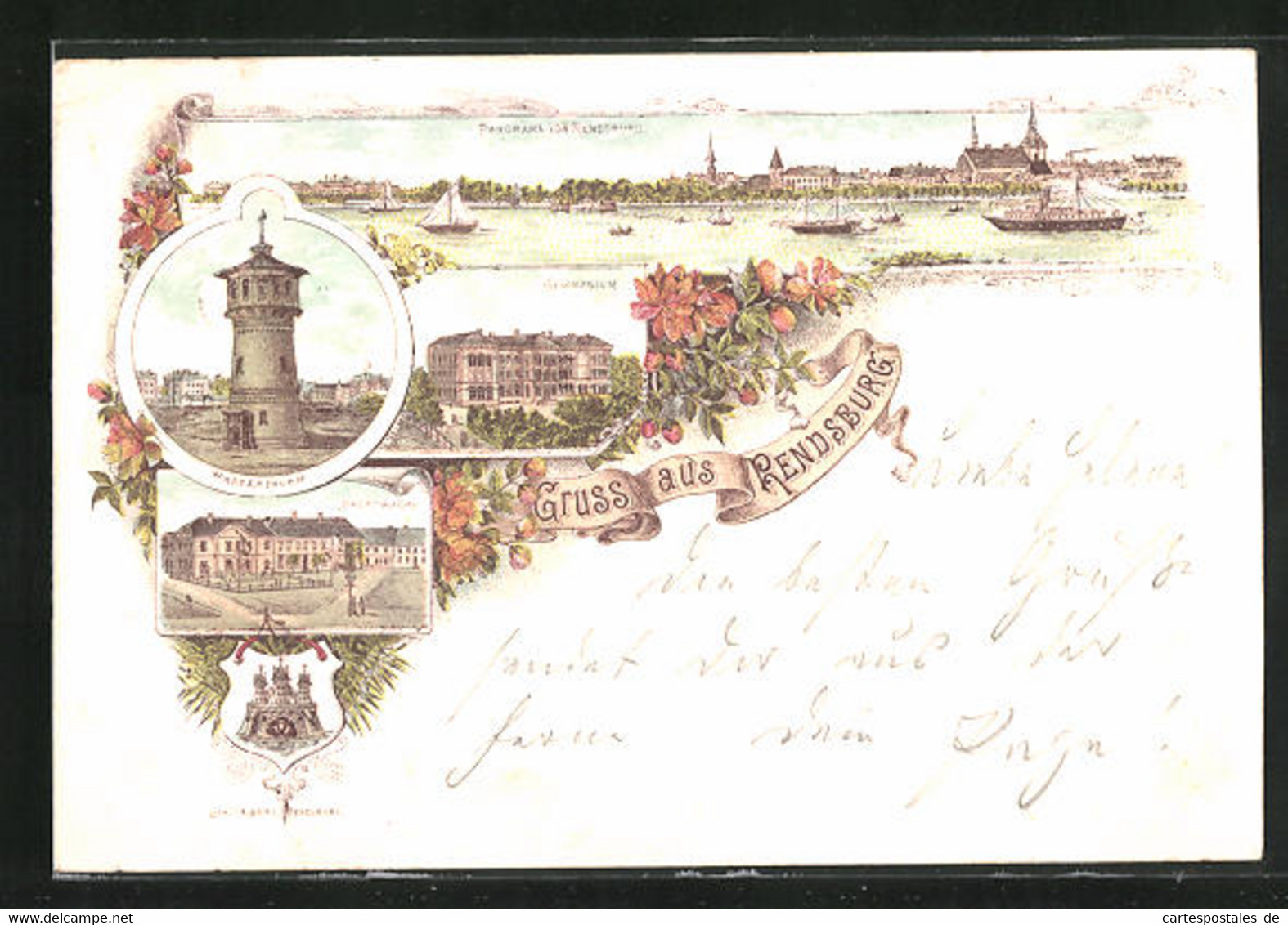 Lithographie Rendsburg, Gymnasium, Wasserturm, Hauptwache - Rendsburg