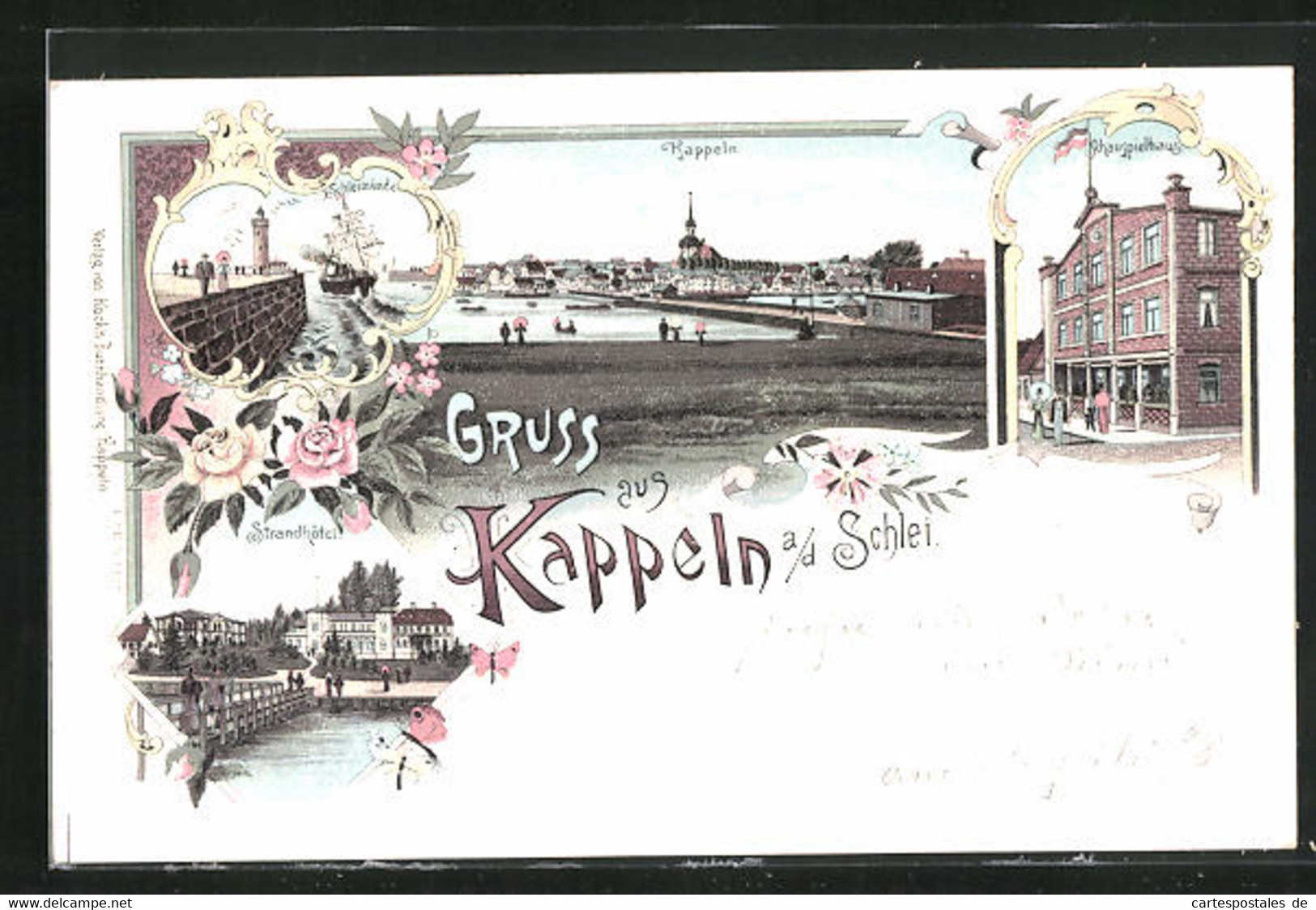 Lithographie Kappeln /Schlei, Strandhotel, Schauspielhaus, Ortsansicht - Kappeln / Schlei