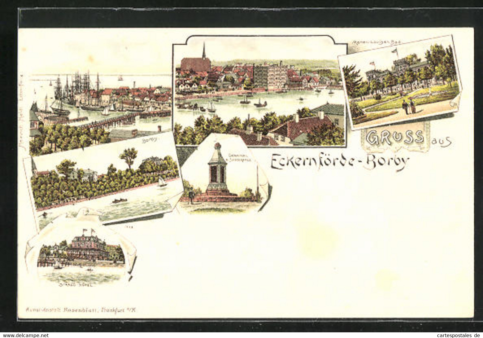 Lithographie Eckernförde-Borby, Hotel Marien-Louisen-Bad, Strand-Hotel, Hafen - Eckernfoerde