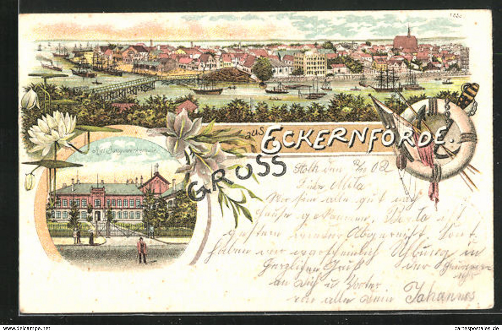 Lithographie Eckernförde, Kgl. Baugewerkschule, Panorama - Eckernfoerde