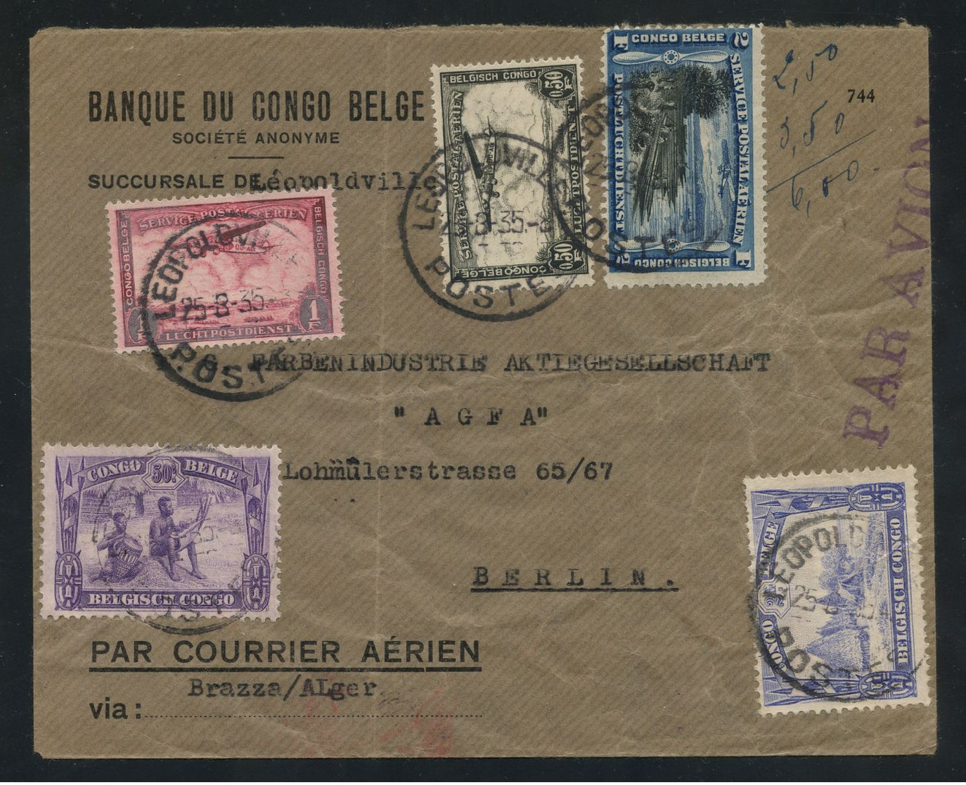 Belgian Congo 1935 Cover To Berlin Bearing Air Mail 2f Blue (COB PA3), Plus 50c Black And 1fr Carmine (COB PA7/8) - Storia Postale