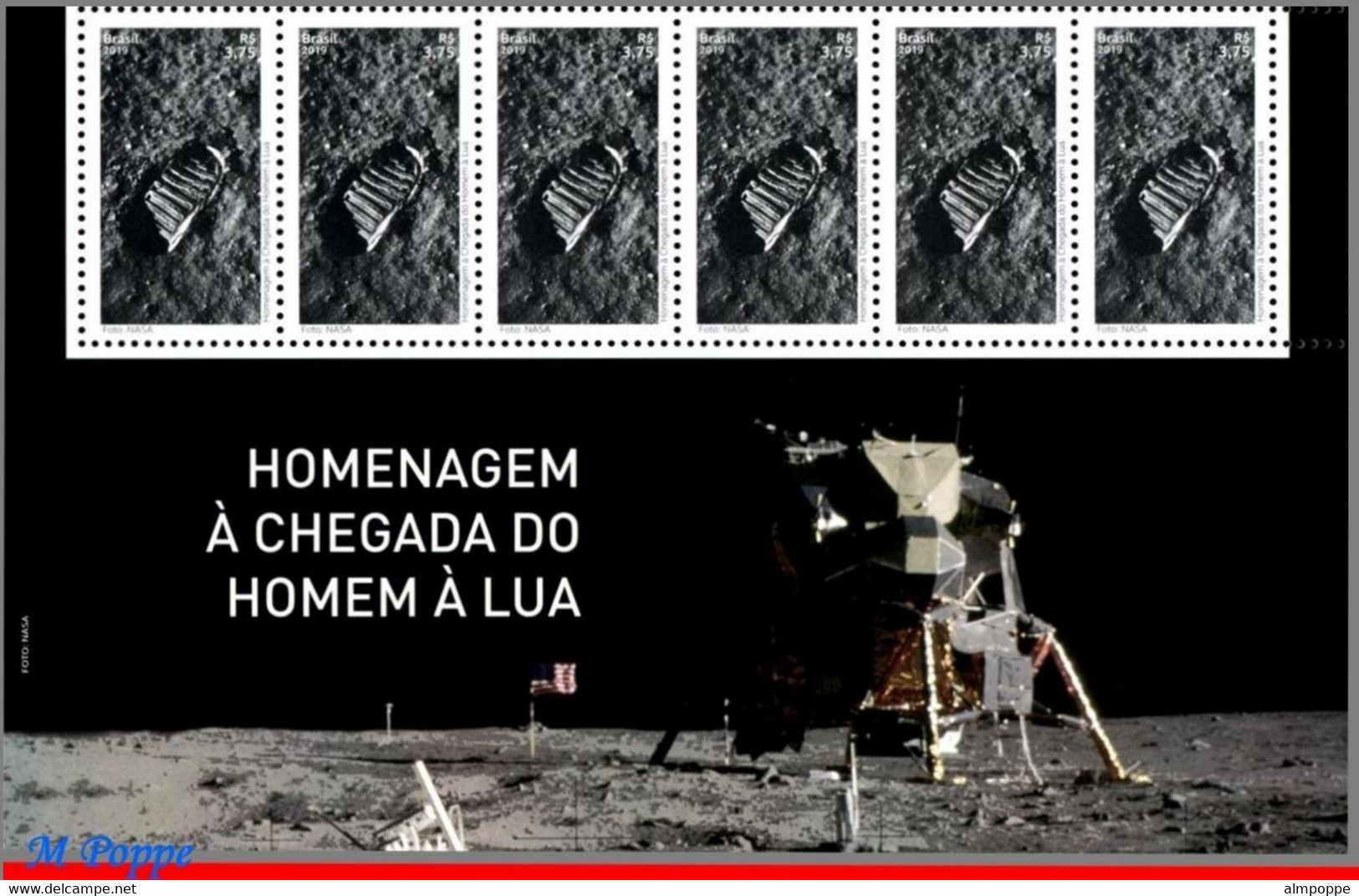 Ref. BR-V2019-13-B BRAZIL 2019 SPACE EXPLORATION, TRIBUTE TO LUNAR LANDING, MISSION, MOON, APOLLO 11, STRIP MNH 6V - Stati Uniti