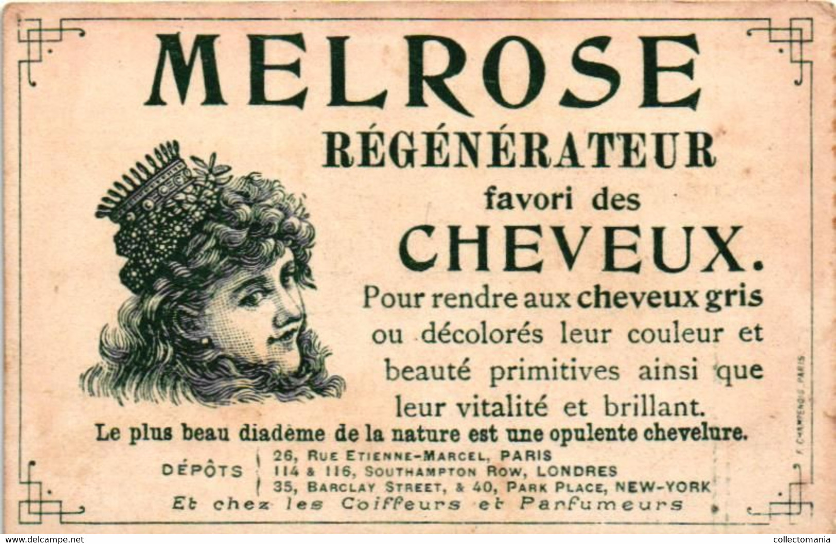 5 Cards MELROSE Régénérateur favori des Cheveux   Rue Etienne Marcel Paris Litho chromos parfum haar - hair perfume