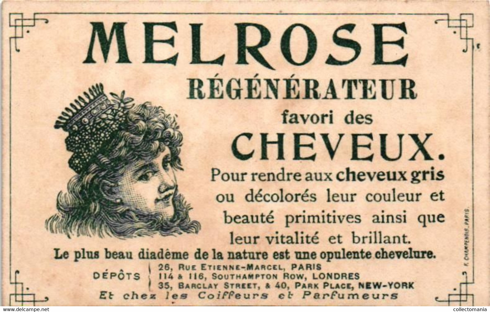 5 Cards MELROSE Régénérateur favori des Cheveux   Rue Etienne Marcel Paris Litho chromos parfum haar - hair perfume