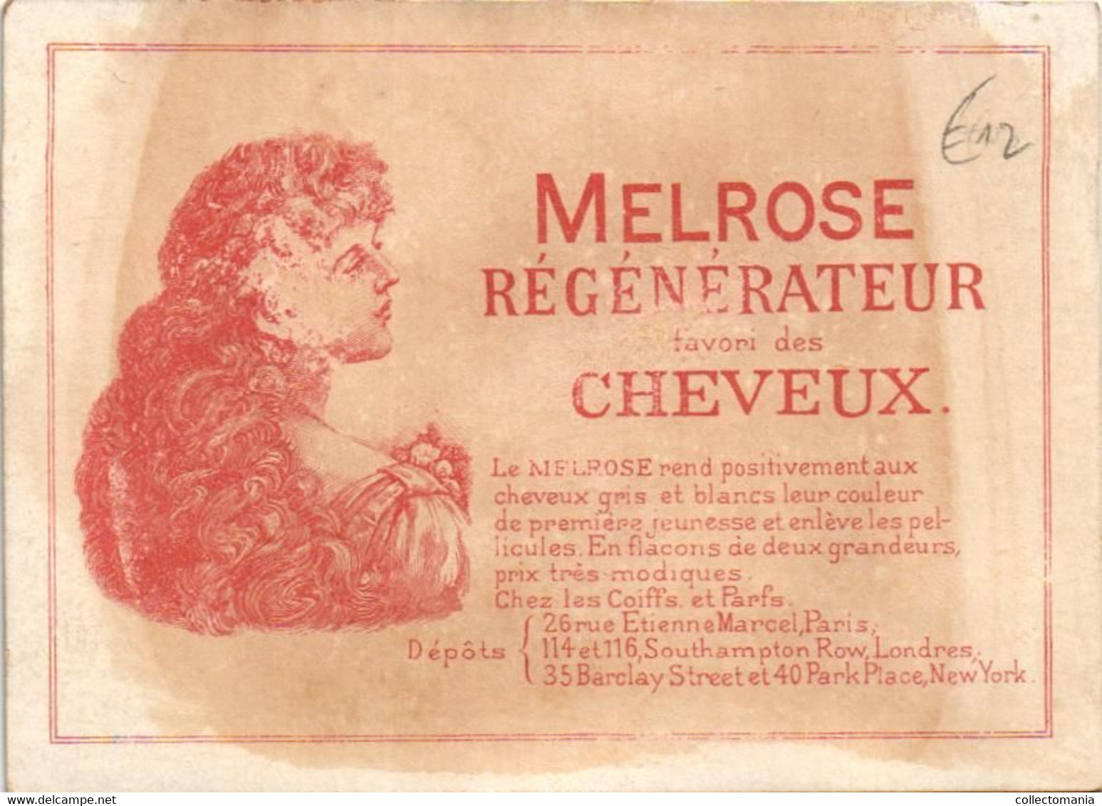 5 Cards MELROSE Régénérateur favori des Cheveux   Rue Etienne Marcel Paris Litho chromos parfum haar - hair perfume