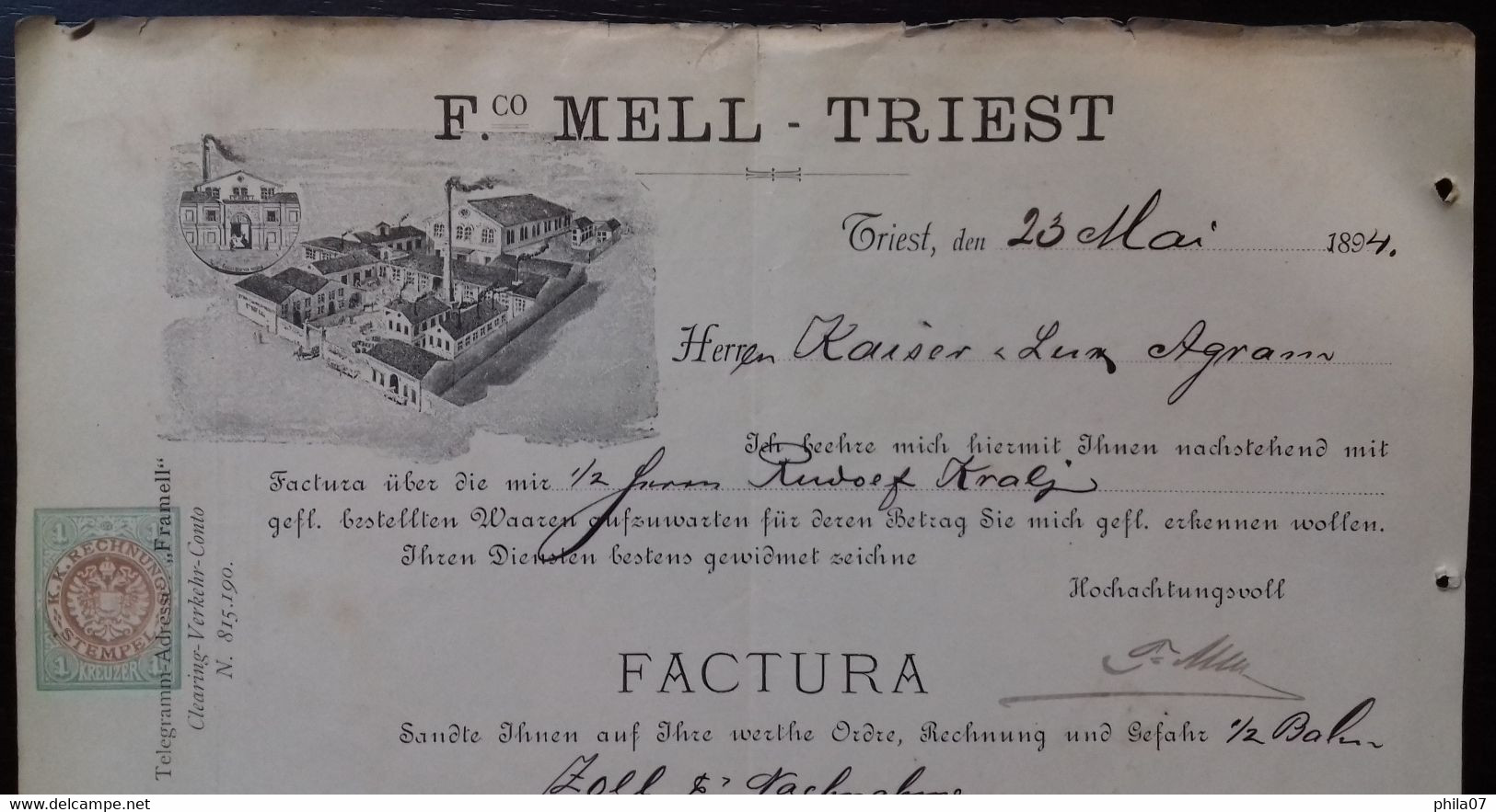 F. Co. Mell - Triest, 1894. Factura - Autres & Non Classés