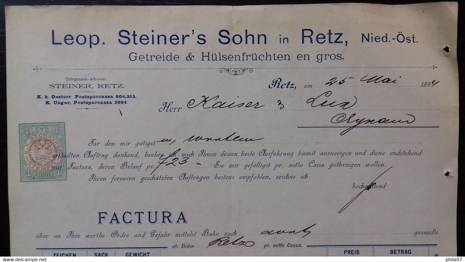 Grain And Legumes Wholesale - Leop. Steiner's Sohn In Retz, 1894. Getreide & Hulsenfruchten En Gros. - Autres & Non Classés