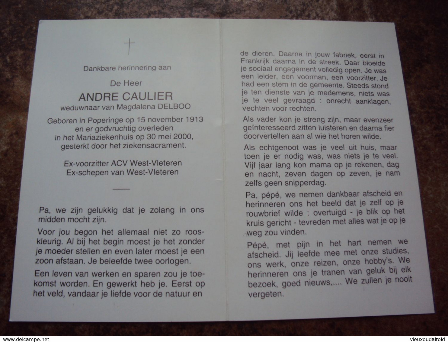 Doodsprentje/bidprentje  ANDRE CAULIER (Wedr Magdalena DELBOO) Poperinge 1913 - 2000 - Religion & Esotericism