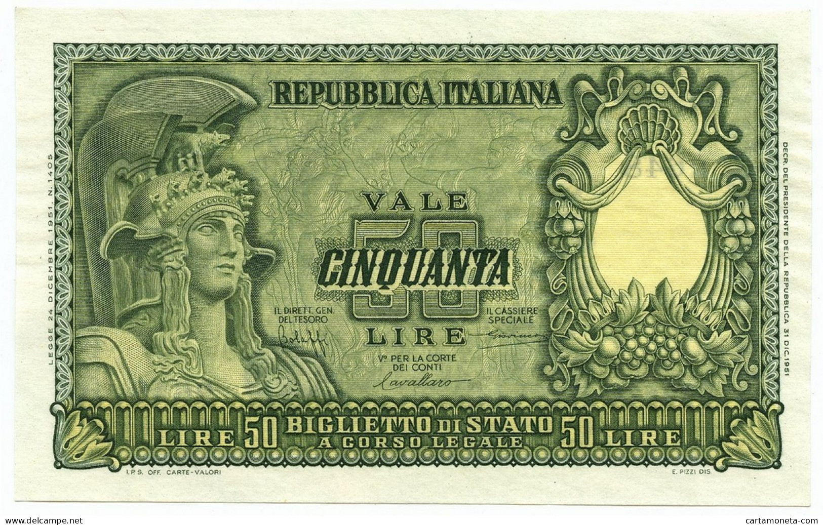 50 LIRE BIGLIETTO DI STATO ITALIA ELMATA BOLAFFI 31/12/1951 FDS-/FDS - Autres & Non Classés