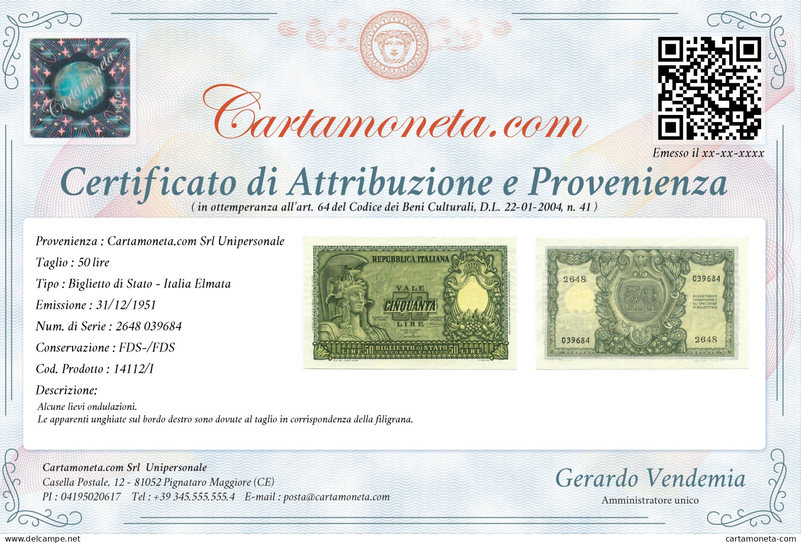 50 LIRE BIGLIETTO DI STATO ITALIA ELMATA BOLAFFI 31/12/1951 FDS-/FDS - Other & Unclassified