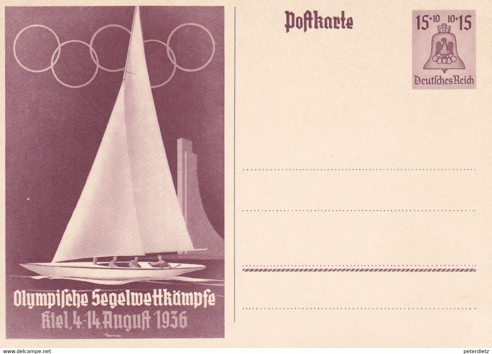 1936 BERLIN OLYMPICS GERMANY POSTCARD 15 PF SEGELWETTKÄMPFE KIEL FINE UNUSED - Ete 1936: Berlin
