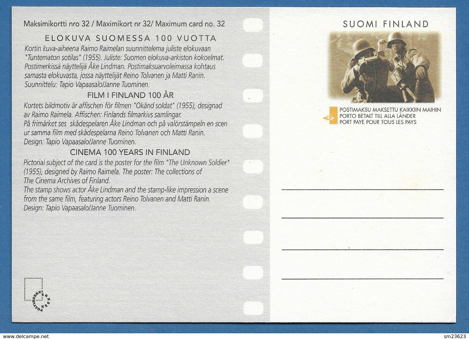 Finnland / Suomi 1996 Mi.Nr. 1339 , Der Unbekannte Soldat - 100 Jahre Finnischer Film - Maximum Card - Helsinki 1.4.1996 - Maximum Cards & Covers