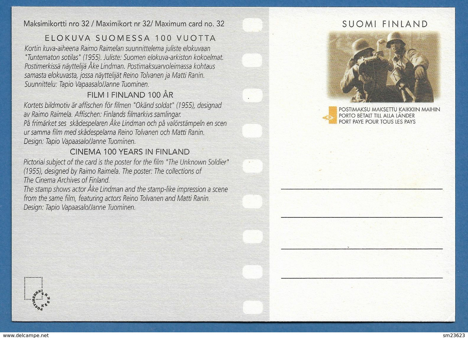 Finnland / Suomi 1996 Mi.Nr. 1339 , Der Unbekannte Soldat - 100 Jahre Finnischer Film - Maximum Card - Helsinki 1.4.1996 - Tarjetas – Máximo