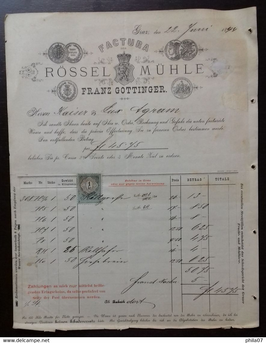 Mill - Factura Rossel Muhle, Franz Gottinger, 1894. - Autres & Non Classés