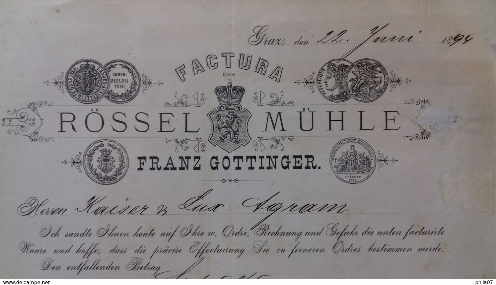 Mill - Factura Rossel Muhle, Franz Gottinger, 1894. - Otros & Sin Clasificación