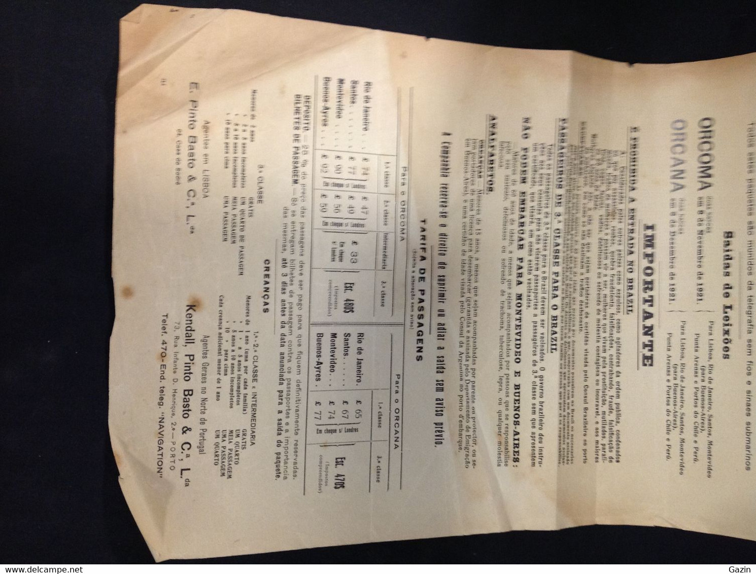 CIRCULAR 1921 - COMPANHIA DA MALA REAL DO PACÍFICO -PAQUETES ENTRE PORTUGAL E BRAZIL,CHILE E PERÚ(25*44CM) - Non Classificati