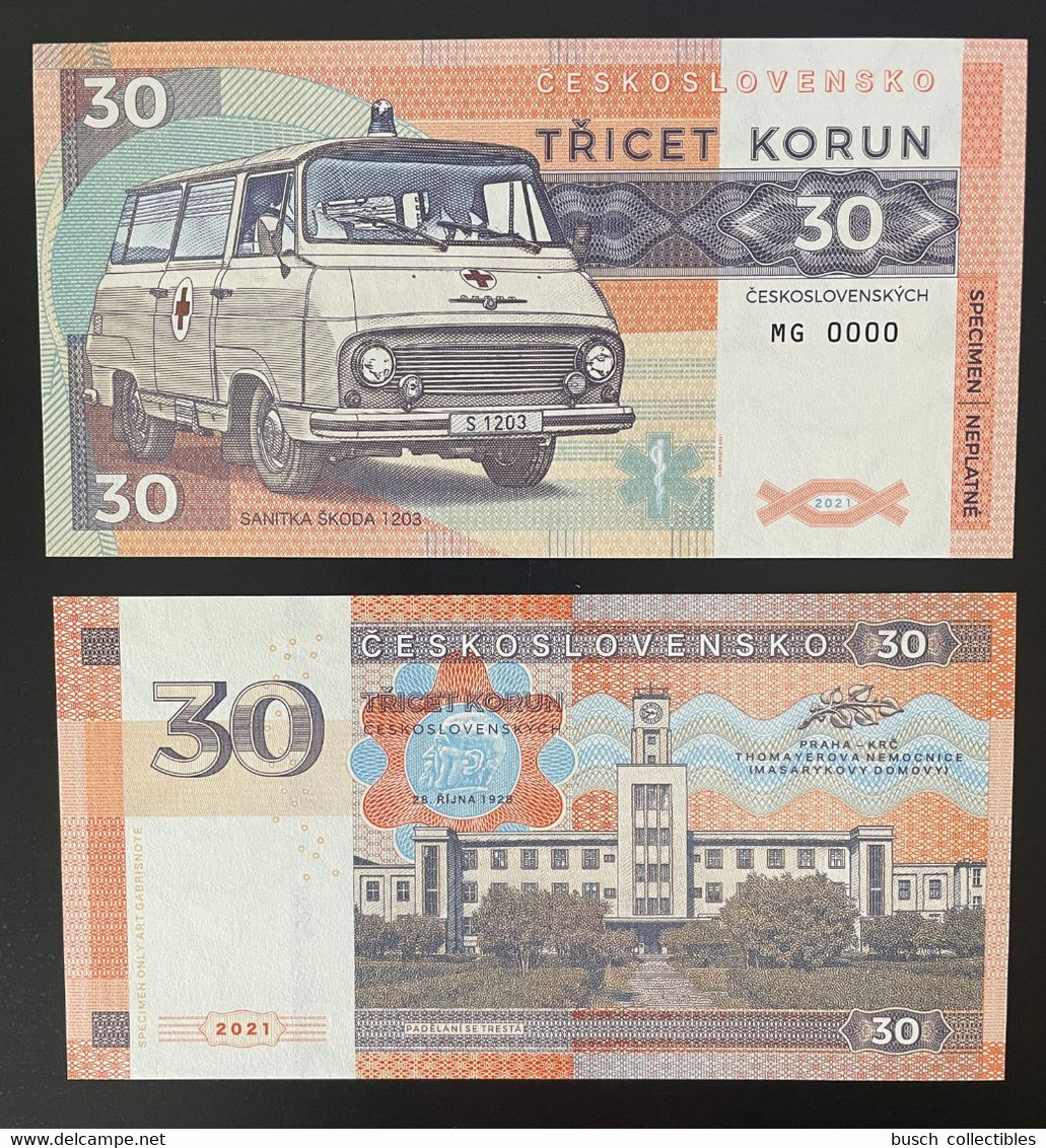 2021 Matej Gabris 30 Korun Ceskoslovensko Sanitka Skoda 1203 Car Voiture Auto Praha UNC SPECIMEN ESSAY Tirage Limité - Specimen