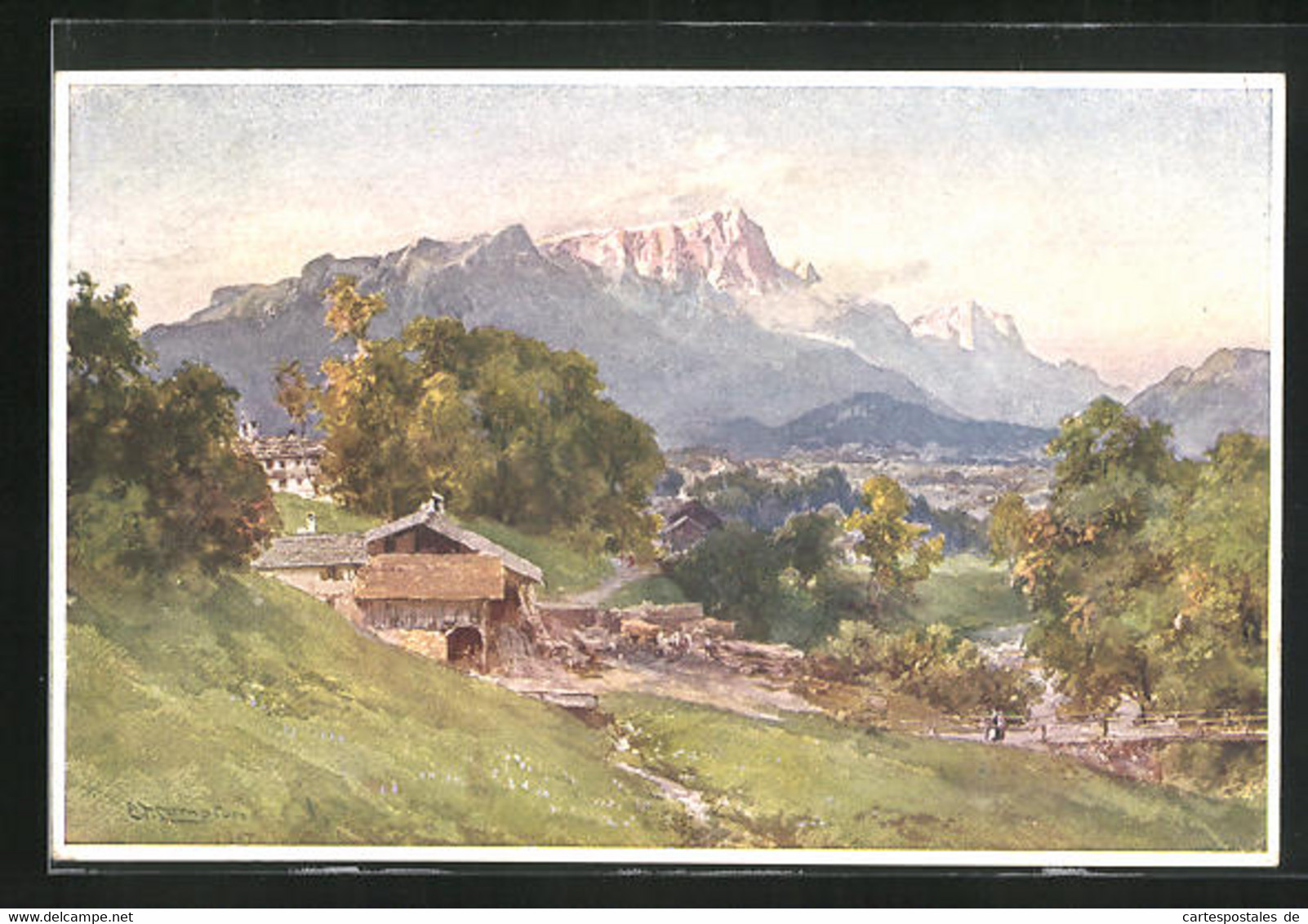 Künstler-AK Edward Theodore Compton: Untersberg-Schönau, Ortsansicht Gegen Gebirge - Compton, E.T.