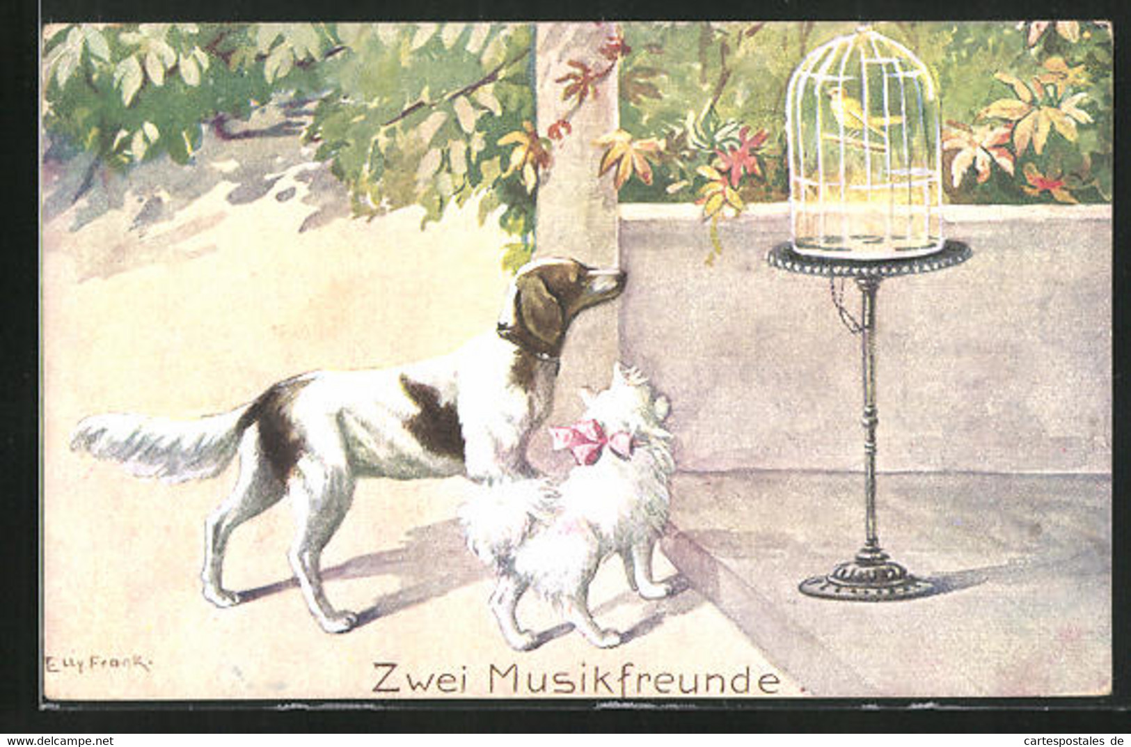 Künstler-AK Elly Frank: Zwei Musikfreunde, Hunde Lauschen Einem Vogel - Frank, Elly