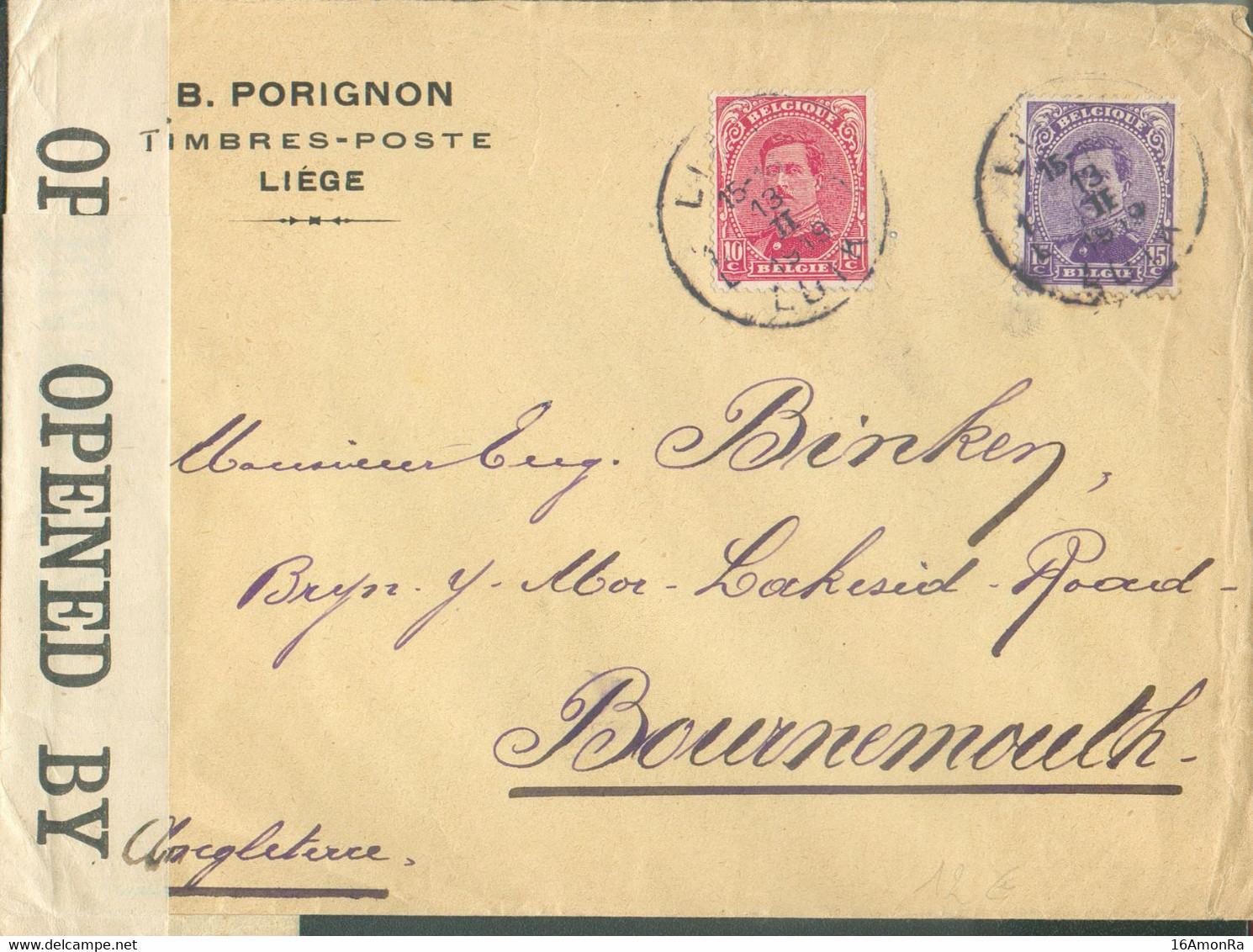 N°138-139 - Obl. Sc LIEGE 1 Sur Lettre Du 13-II-1919 Vers Bournemouth (GB) + Double Bande De Censure Anglaise OPENED BY - Other & Unclassified