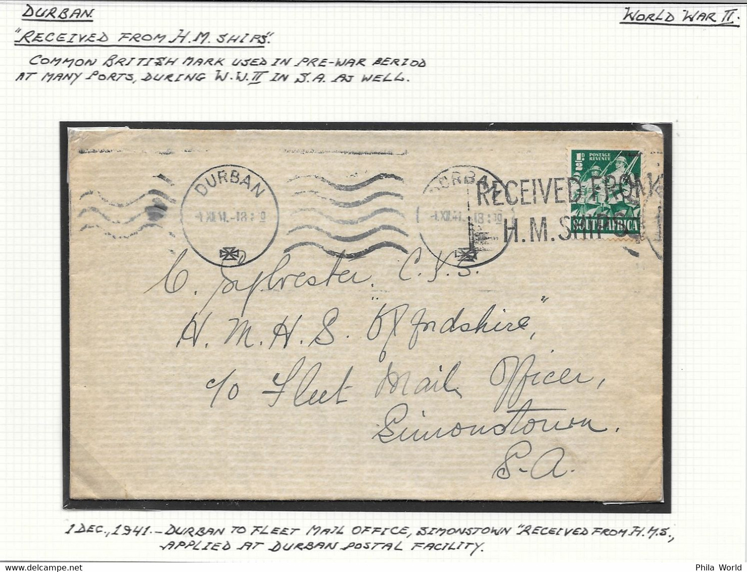 MARITIME MAIL RECEIVED FROM HMS SHIP Cancel On WW2 1941 Cover To Fleet Mail Office DURBAN SOUTH AFRICA British Naval - Lettres & Documents
