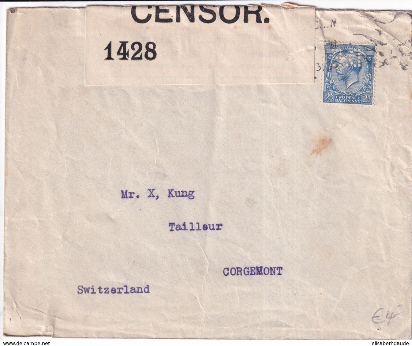 GB / PERFIN - 1916 - ENVELOPPE CENSUREE Avec PERFORE De LONDON => CORGEMONT (SUISSE) - Perfin