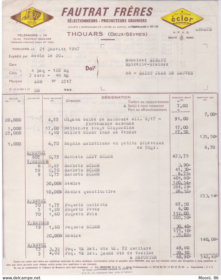 FACTURE FAUTRAT FRERES - SELECTIONNEURS PRODUCTEURS GRAINIERS - GRAINES ECLOR - THOUARS - Droguerie & Parfumerie
