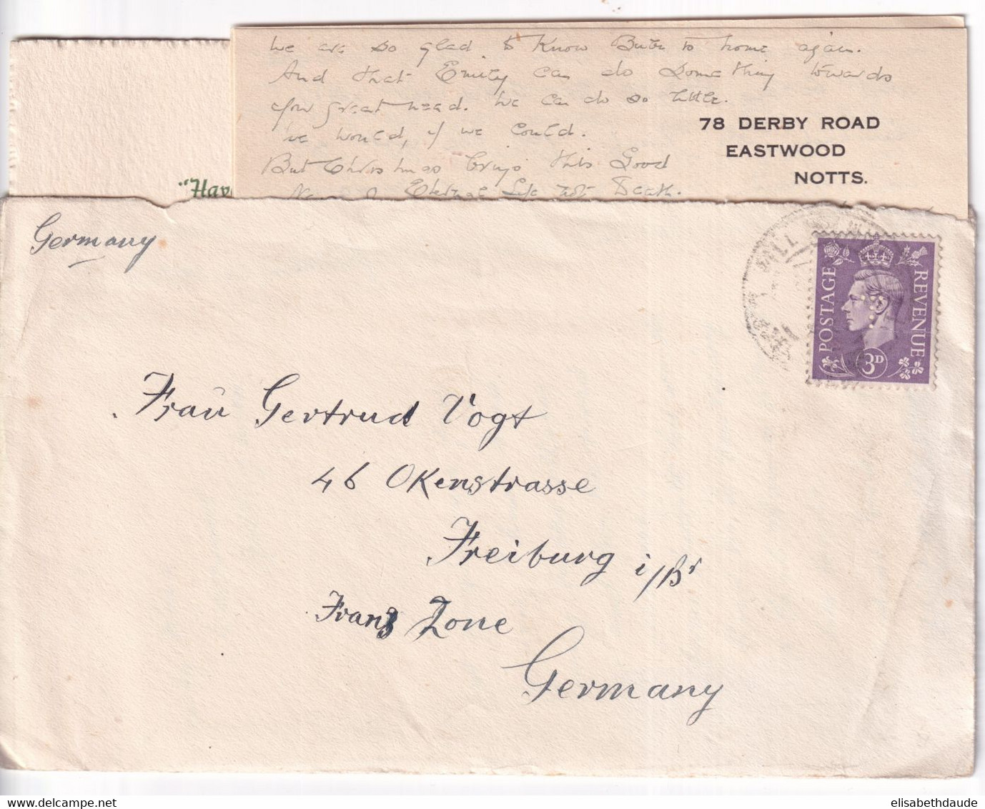 GB / PERFIN - 1946 - ENVELOPPE Avec PERFORE De EASTWOOD NOTTINGHAM => FREIBURG (ZONE FRANCAISE GERMANY) - Perforadas