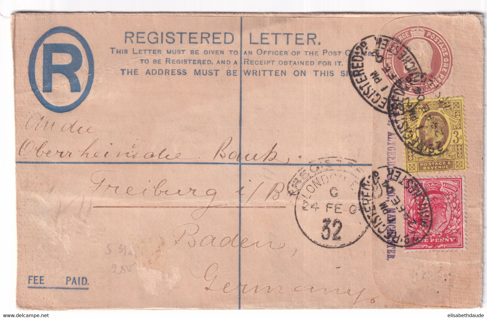 GB / PERFIN - 1904 - ENVELOPPE ENTIER RECOMMANDEE Avec PERFORE De MANCHESTER => FREIBURG (GERMANY) - Perfins