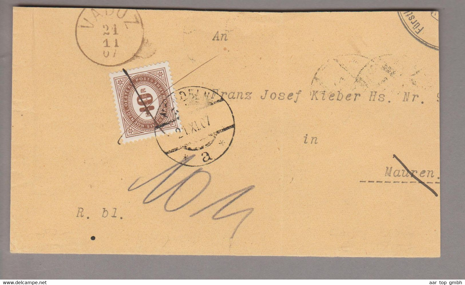 FL 1907-11-21 Vaduz>Mauren>Nendeln 10Heller Gezähnt AT Porto Mi#28 Auf Briefstück - ...-1912 Préphilatélie