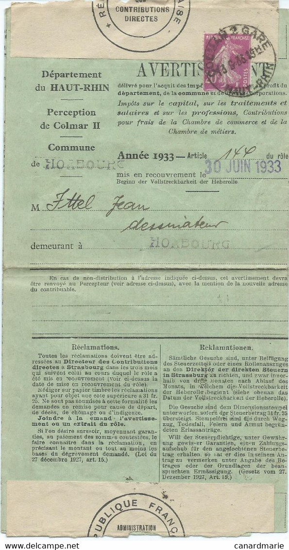 AVERTISSEMENT FISCAL 1933 AVEC CACHET HOROPLAN COLMAR 2 GARE - Cartas & Documentos