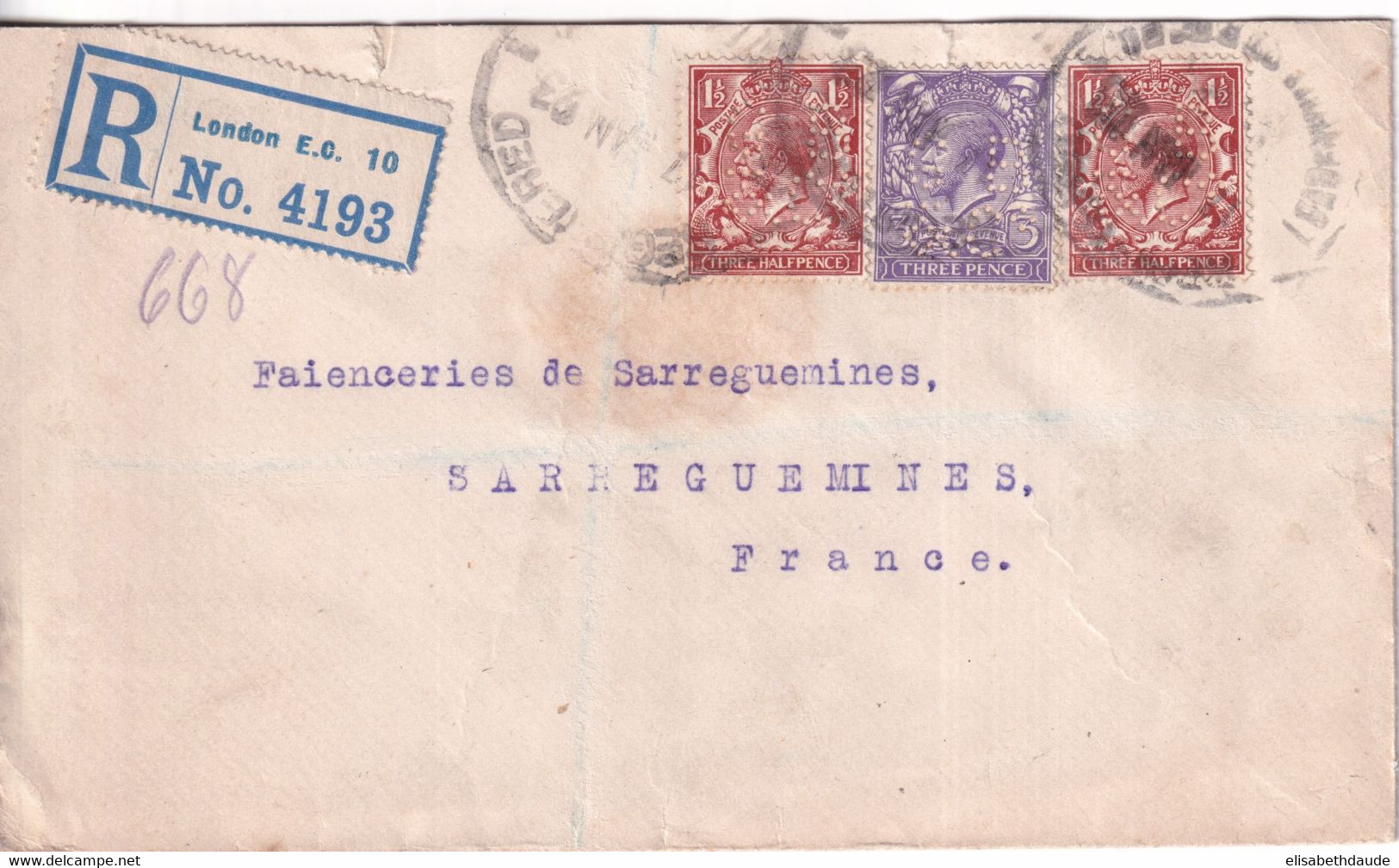 GB / PERFIN - 1923 - ENVELOPPE RECOMMANDEE Avec PERFORE De LONDON => SARREGUEMINES (MOSELLE) - Perfins