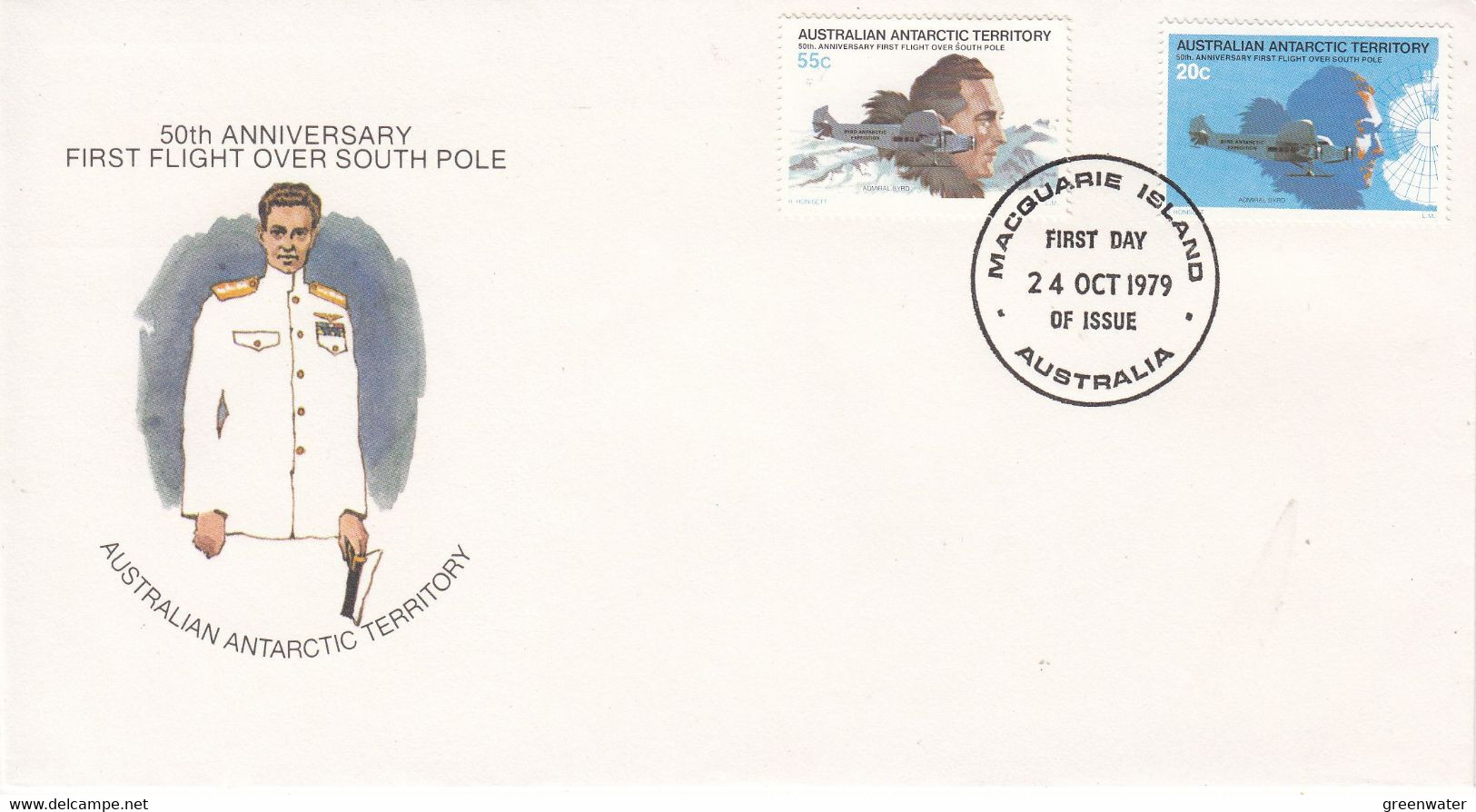 AAT 1979/1980 50th Ann. First Flight Over South Pole 2v FDC (Macquarie) (F8658) - FDC