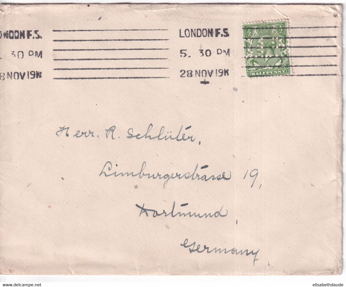 GB / PERFIN - 1919 - ENVELOPPE Avec PERFORE De LONDON => DORTMUND (GERMANY) - Gezähnt (perforiert)