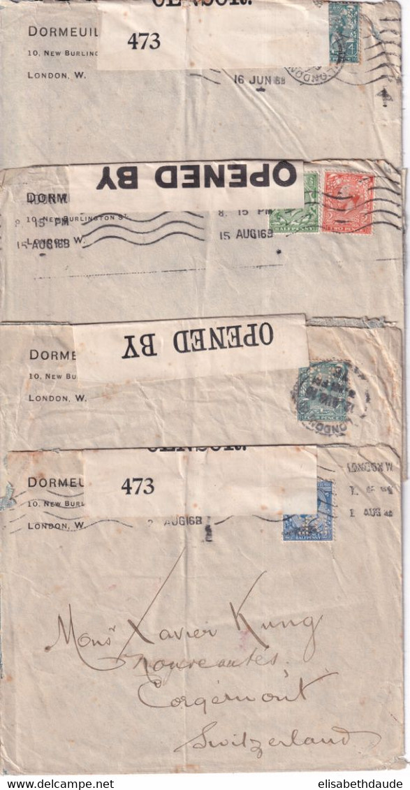 GB / PERFIN - 1916 - LOT De 4 ENVELOPPES CENSUREES Avec PERFORE (DORMEUIL) De LONDON => CORGEMONT (SUISSE) - Perfins