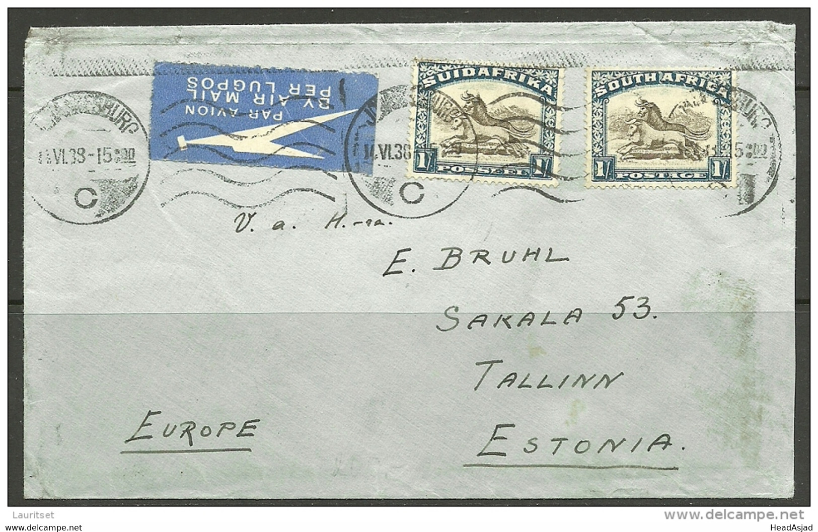 SOUTH-AFRICA Suidafrika 1938 Air Mail Cover To ESTLAND Estonia  RARE Destination ! - Posta Aerea