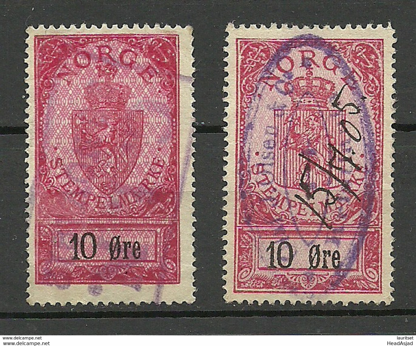 NORWAY Norwegen Stempelmarken Documentary Stamps 2 X 10 öre O - Fiscales