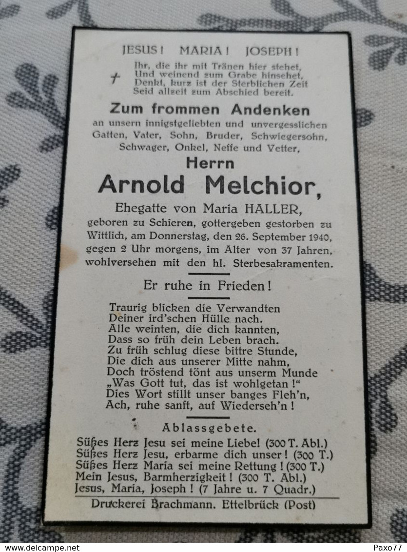 Luxembourg Doodebiller, Arnold Melchior Geboren Schieren Gestorben Zu Wittlich 1940 - Autres & Non Classés