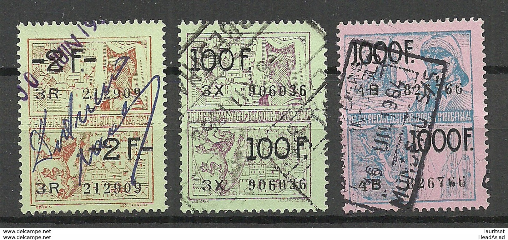 BELGIEN Belgium Revenue Tax Taxe Timbres Fiscales 2 & 100 & 1000 Fr, O - Timbres