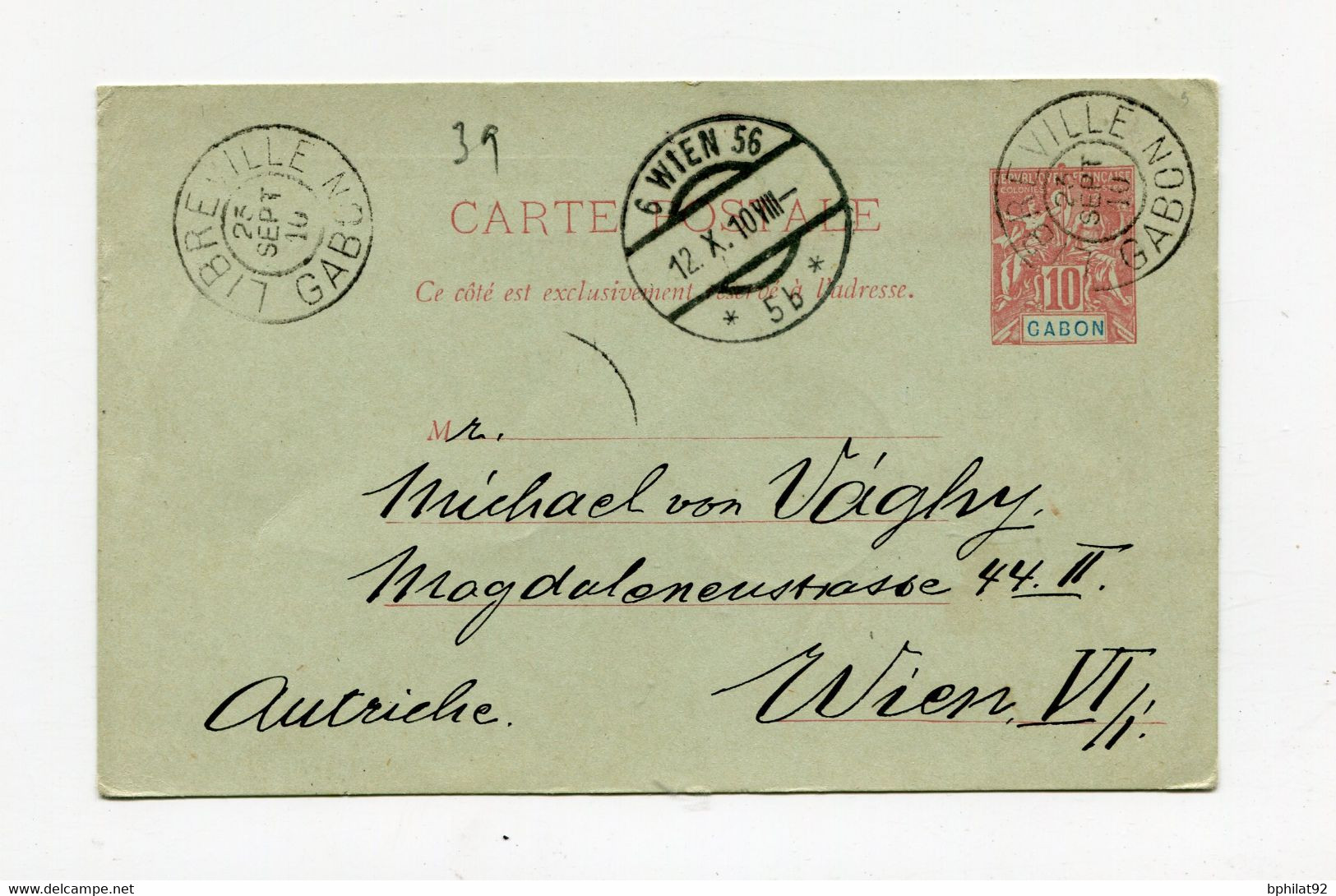 !!! ENTIER POSTAL DU GABON POUR L'AUTRICHE, CACHET DE LIBREVILLE DE 1910 - Brieven En Documenten