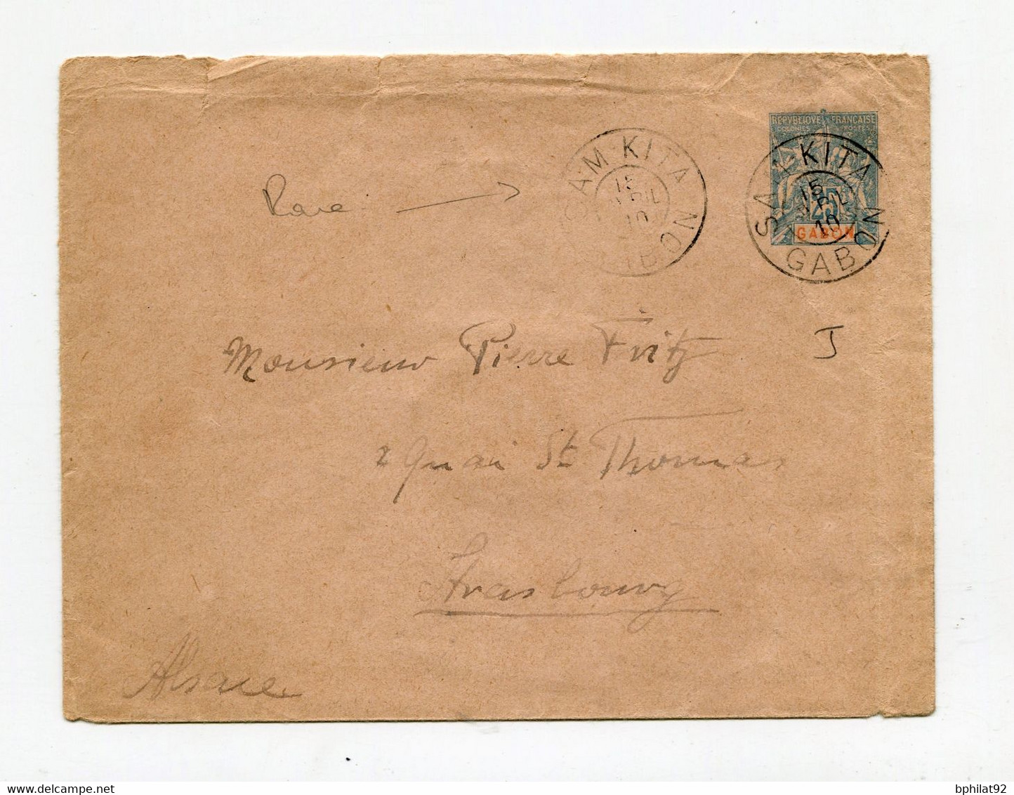 !!! GABON, ENTIER POSTAL POUR STRABOURG, CACHET DE SAM KITA DE 1910 - Lettres & Documents