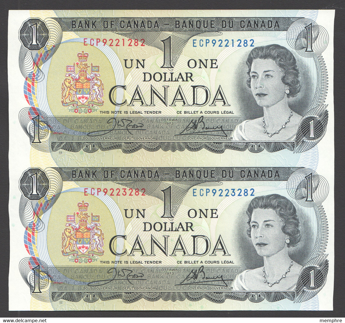 1973   $1  UNCUT PAIR Signed Crow / Bouey  UNC - Canada